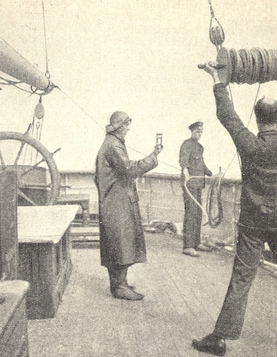Apprentices on a sailing ship ‘streaming the log’